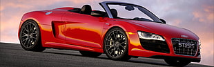 red Audi convertible coupe, Audi R8 Spyder, car, multiple display, dual monitors