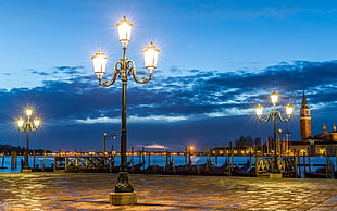 person showing street lights and baywalk