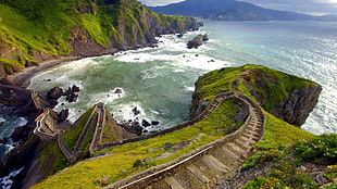 green cliff digital wallpaper, landscape, sea, coast, Gaztelugatxe HD wallpaper