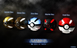 five assorted-color Pokemon Unlimited Pokeballs