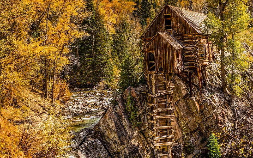 brown cabin drawing illustration HD wallpaper