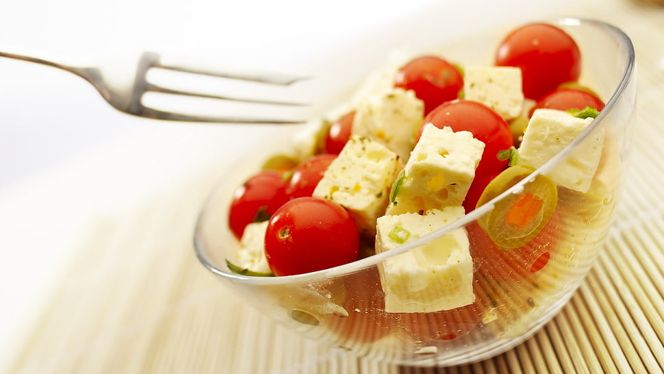 cheese and red round vegetables on clear glass bowl HD wallpaper