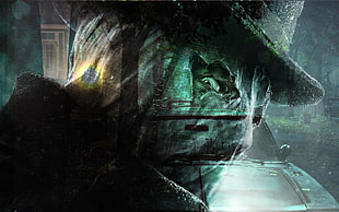 man in black hat digital wallpaper, car, hat, green eyes, Jack the Ripper