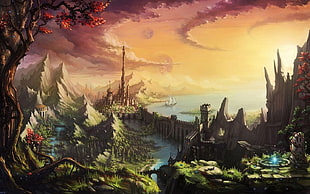 castle and mountain illustration, fantasy art, fantasy city HD wallpaper