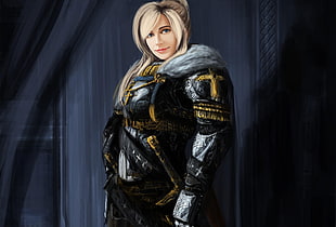white hair girl wearing armoured suit anime character