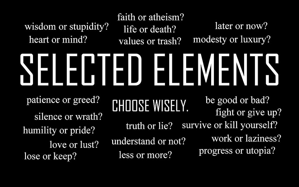 selected elements text overlay on black background, writing, monochrome HD wallpaper