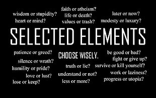 selected elements text overlay on black background, writing, monochrome