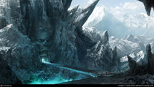 rock mountain with bridge illustration, fantasy art