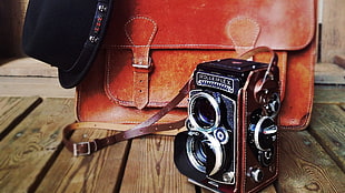 vintage brown and black camera, camera, old, bag, vintage