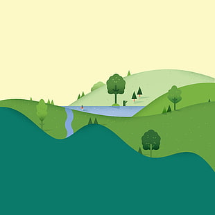 green leaf trees and blue body of water illustration, Google, materail design, landscape, digital art HD wallpaper
