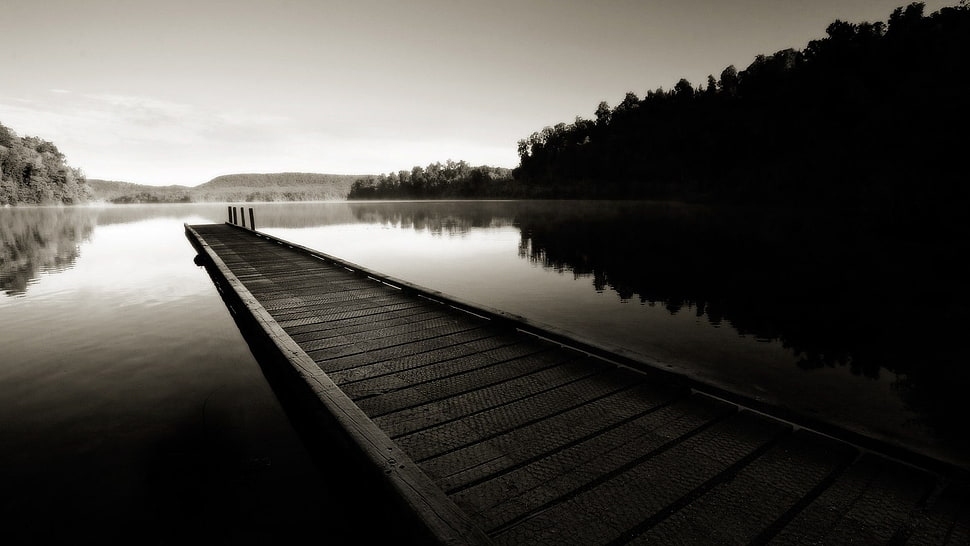 body of water dock grayscale photo, landscape, lake, dark, monochrome HD wallpaper