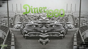 vintage cars with Diner 1960 text overlay, 1960, diner, car, highway