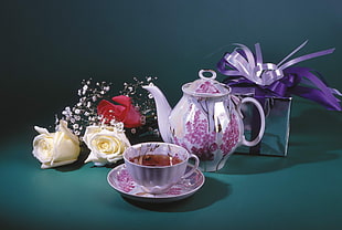 white ceramic mug on top of saucer beside teapot HD wallpaper