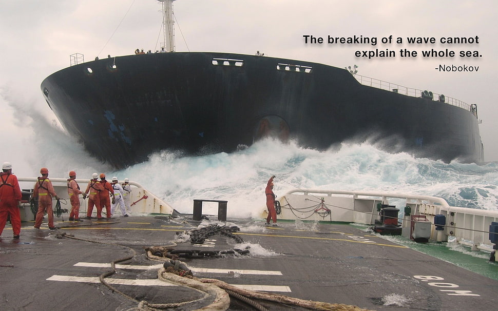 black cruise ship with text overlay, container ship, waves, sea, ship HD wallpaper