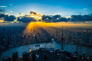 crepuscular rays, China, Shanghai, sunlight, cityscape
