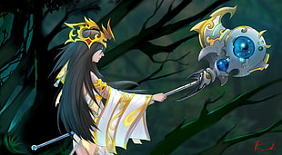 woman with gold crown and weapon illustration