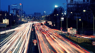time lapse photography of road, light trails, road, cityscape, street light