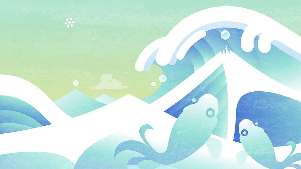 two teal fish and ocean waves illustration, snow, fish, vector, minimalism HD wallpaper
