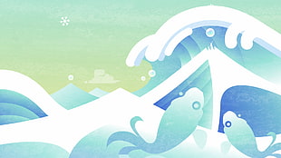 two teal fish and ocean waves illustration, snow, fish, vector, minimalism