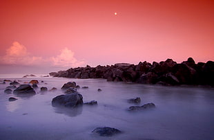 long exposure photograph of beach shore and rock docks HD wallpaper