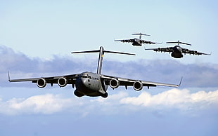 three gray aircraft, airplane, C-17 Globmaster