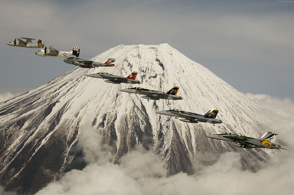 seven jet planes near white mountain HD wallpaper