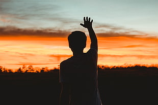 man raise right hand facing trees during golden hour HD wallpaper