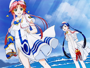 two girl wears white and blue dresses under clear sky anime character