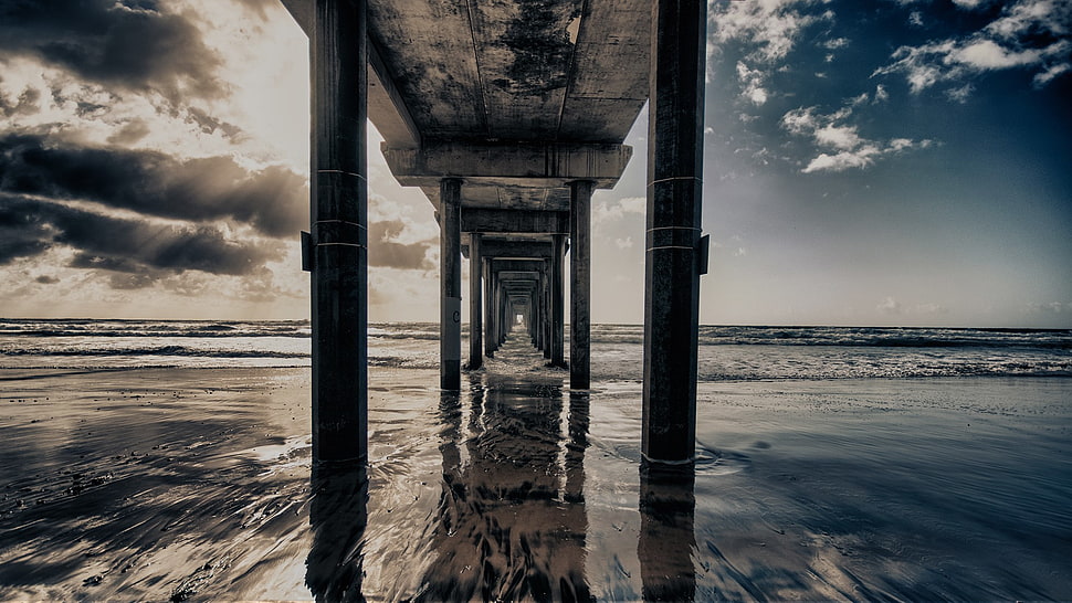 black and white wooden table decor, beach, bridge, reflection, perspective HD wallpaper