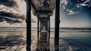 black and white wooden table decor, beach, bridge, reflection, perspective