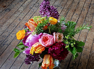 purple and multicolored flower arrangement