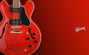 red and black electric guitar with text overlay, guitar, Gibson ES335, musical instrument