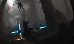 Star Wars lightsaber battle digital artwork, Star Wars, lightsaber, artwork HD wallpaper