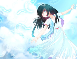 female anime character in white dress dancing with feathers on background