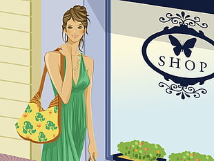 animated girl in green sleeveless deep v-neck dress standing beside SHOP signage illustration