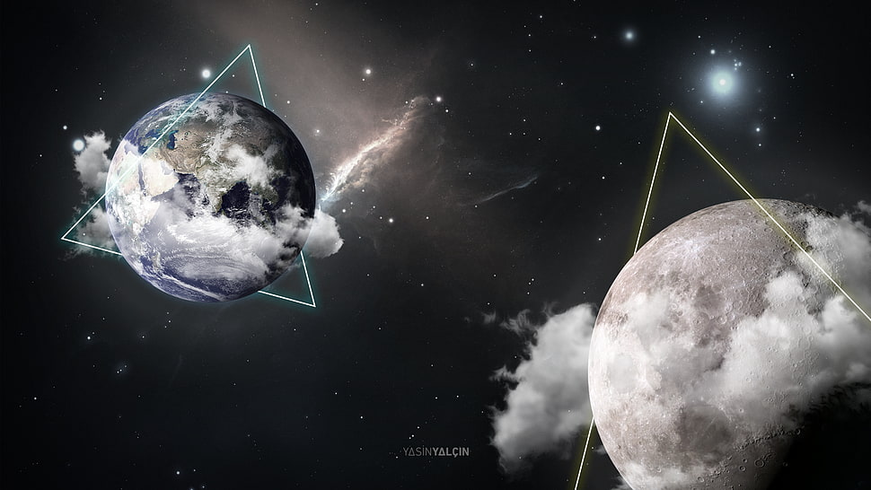 Moon and Earth digital wallpaper, space, nebula, world, Moon HD wallpaper