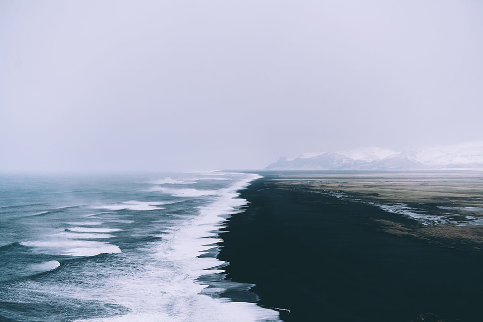 body of water, landscape, waves, mist, field HD wallpaper