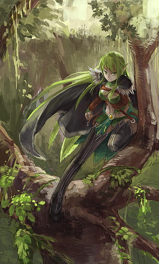 green haired female elf standing on tree painting