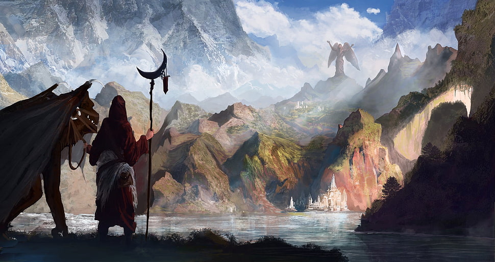 man and animal digital art, artwork, fantasy art, dragon, mountains HD wallpaper