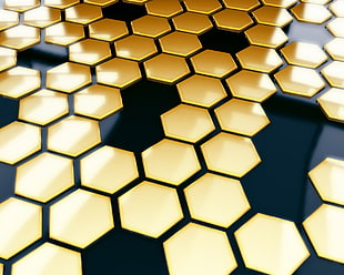 yellow and black honeycomb illustration, black, gold, hexagon, pattern HD wallpaper