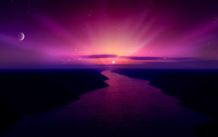 silhouette of hills near river at sunset, river, stars, reflection, sunset