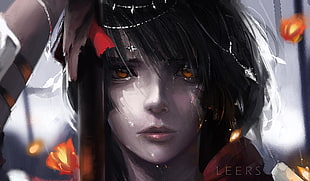 female anime character wallpaper, looking at viewer, rain, orange eyes, black hair
