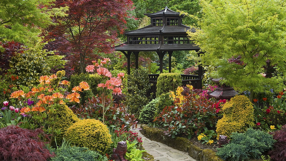 black gazebo, nature, trees, path, garden HD wallpaper