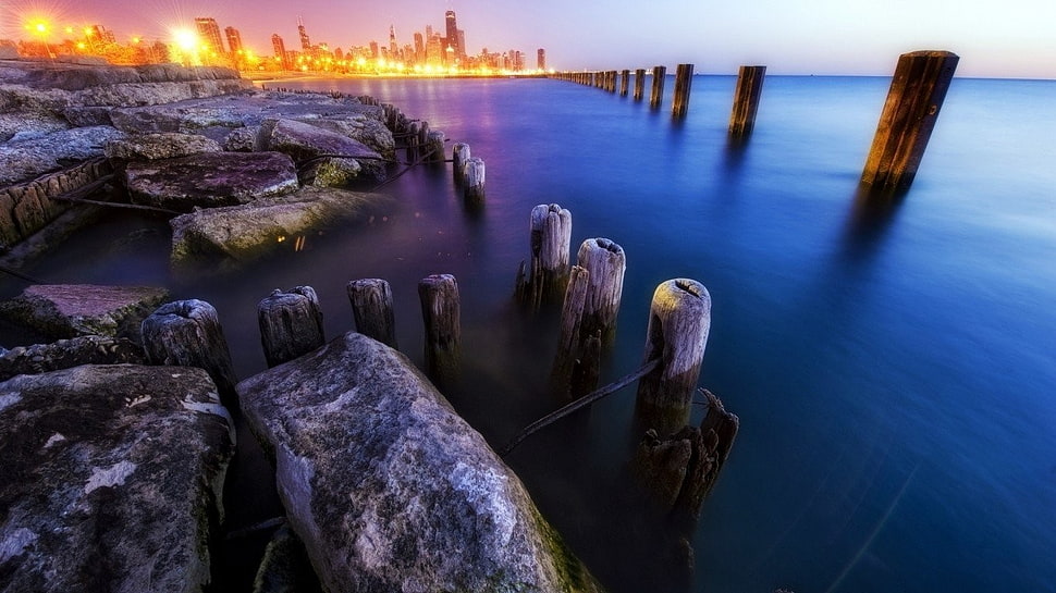 brown wooden posts, nature, landscape, skyline, pier HD wallpaper