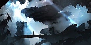person standing on bridge digital wallpaper, fantasy art, cave, blue, landscape