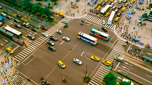 aerial photography of vehicles, street, traffic, tilt shift, city