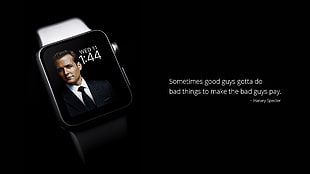 space grey Apple Watch with grey Sports Band and text overlay, Apple Watch, Harvey Specter, Gabriel Macht  , quote