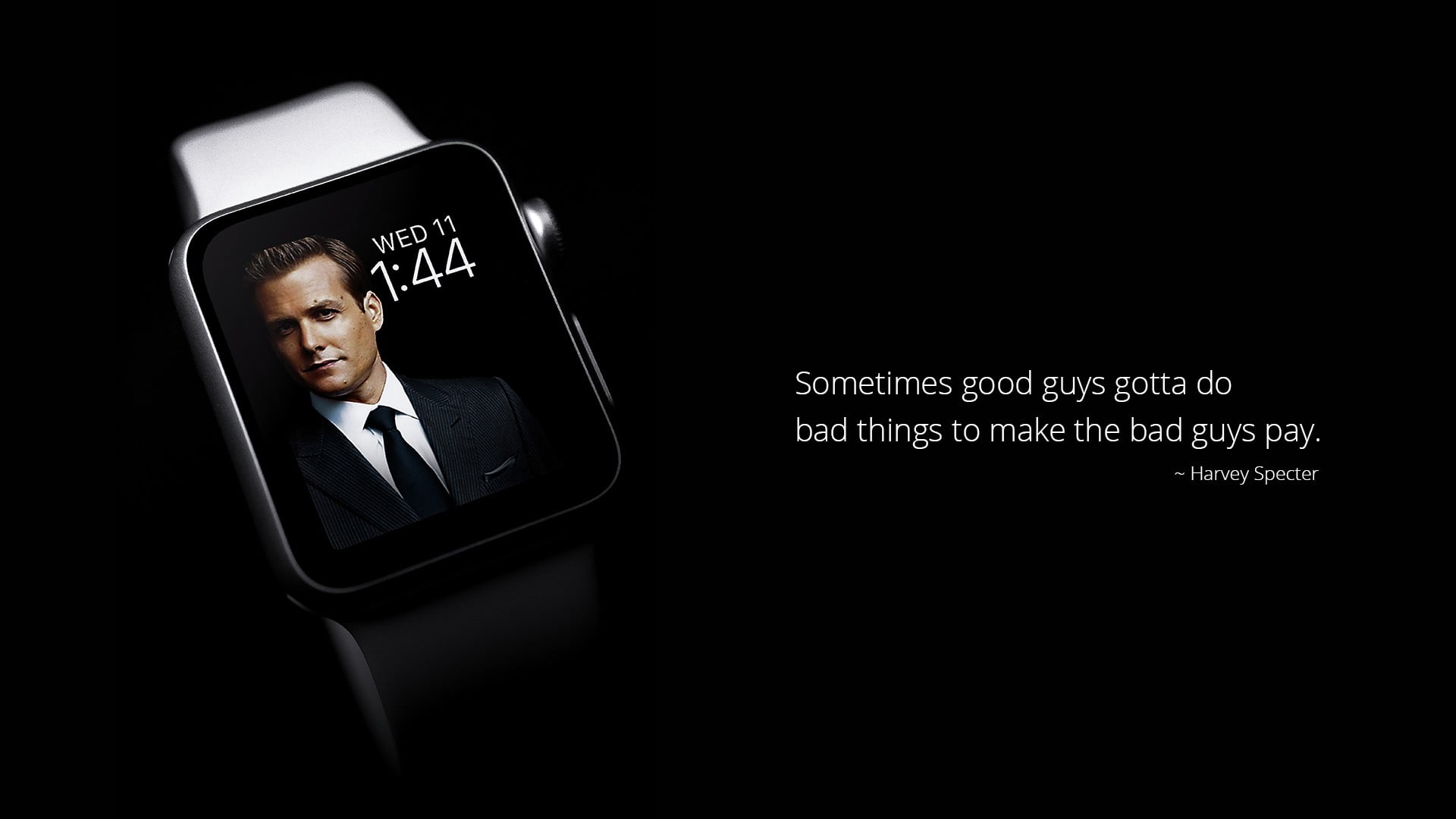 space grey Apple Watch with grey Sports Band and text overlay, Apple Watch, Harvey Specter, Gabriel Macht  , quote