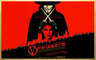 V for Vendetta poster, V for Vendetta, Anonymous, red, movies