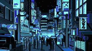 Japan buildings animated illustration, Japan, pixel art, street, people